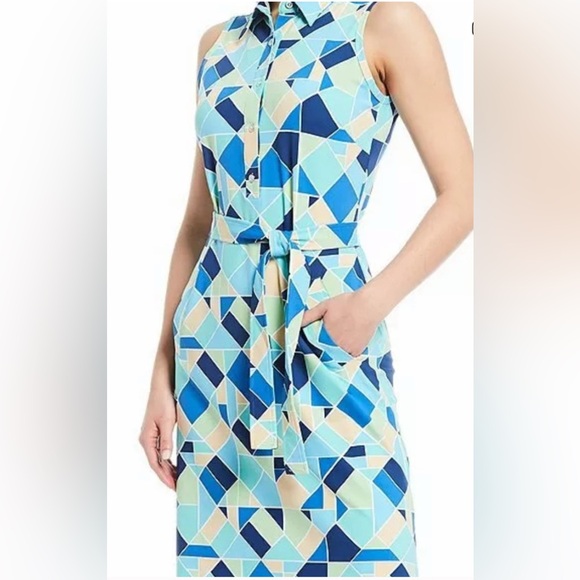 J Mclaughlin Women's Blue Geometric Dolly Catalina Cloth Midi Dress Euc M #2126